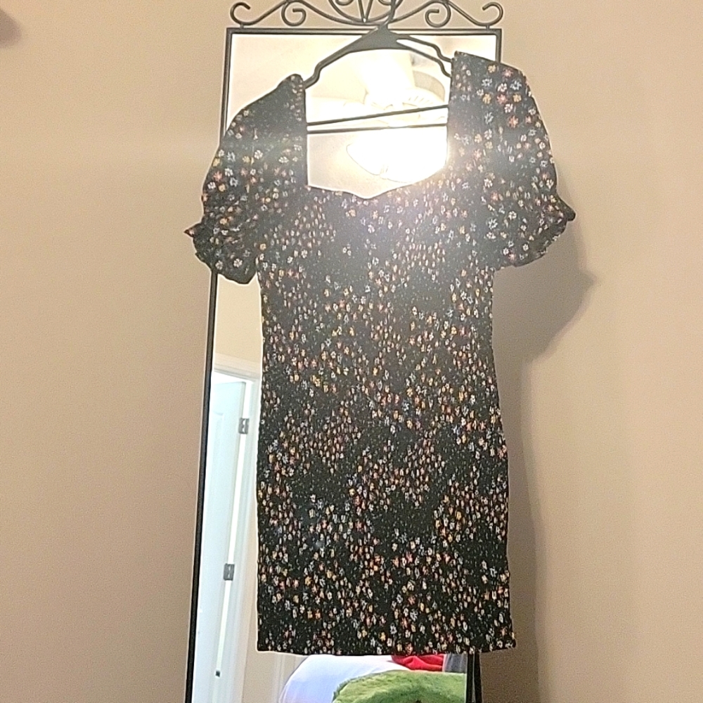 Blue Blush Cap Sleeve Black Floral Bodycon Dress Size Large